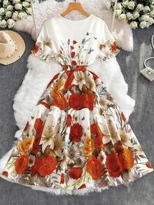 EMERY ROSE Đầm nữ cỡ lớn lãng mạn cổ chữ X tay ngắn in hoa eo chun - trái cam - Xem 2