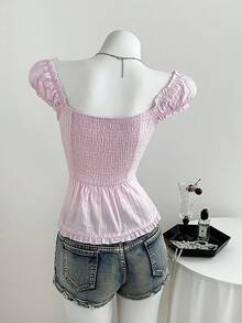 Elamini Women's Pink Ruffle Trim Fitted Casual Vacation Striped Shirt - Pink - View 2