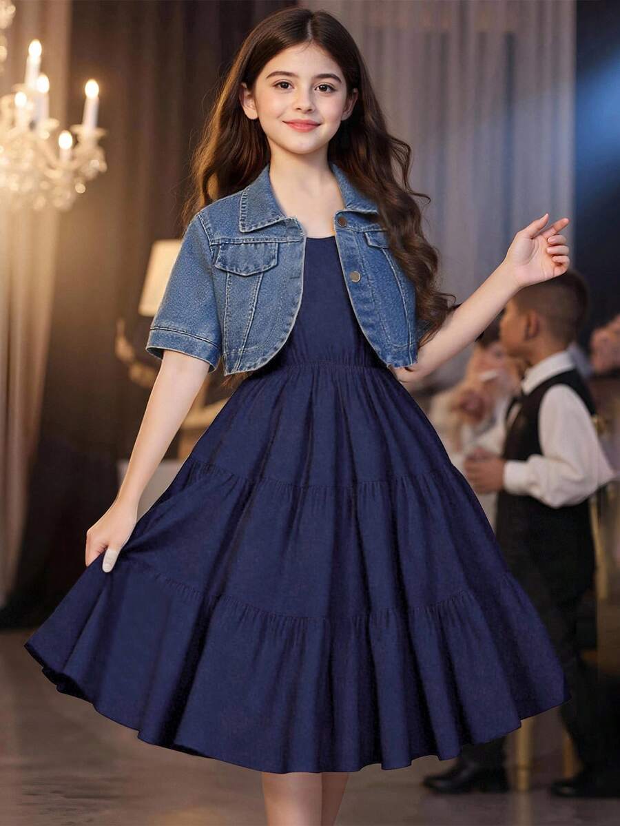 SHEIN 两件套少女休闲短款牛仔背心和无袖连衣裙套装 - 藏蓝色 - 查看 1