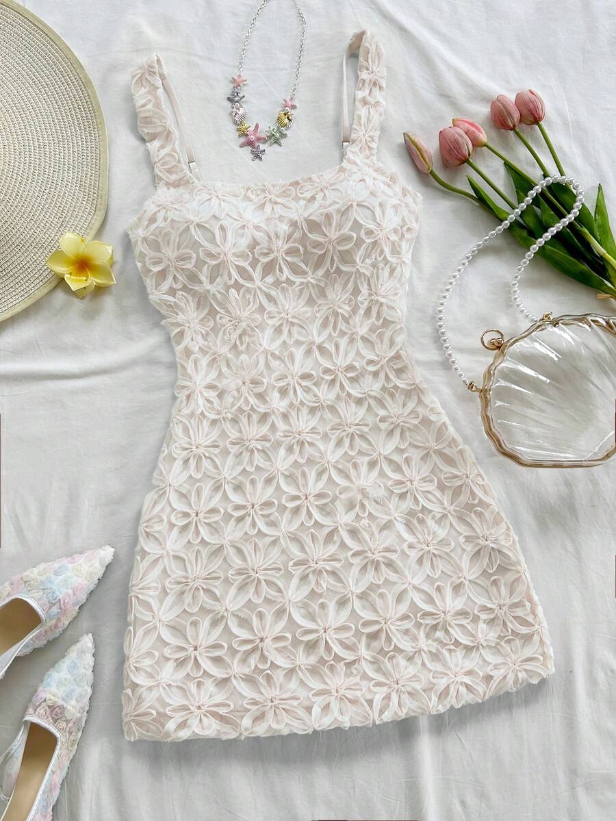 Soleia Vestido mini ajustado con cuello cuadrado sexy, tela texturizada con estampado floral, adecuado para citas, fiestas de jardín, fiestas del té, arreglos florales, estilo bohemio, vacaciones, vintage, primavera/verano - Albaricoque - Ver 1