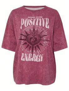 EMERY ROSE Plus Size Women Heart Pattern Print Casual Loose Mid-Length Short Sleeve Round Neck T-Shirt - Dusty Pink - View 3