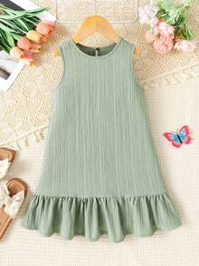 SHEIN 女童无袖绿色宽松A字荷叶边下摆度假连衣裙，夏季 - 橄欖綠 - 查看 4