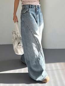 DAZY 女士宽松开衩弧形牛仔牛仔裤，休闲街头风，春夏款 - 藍色 - 查看 4