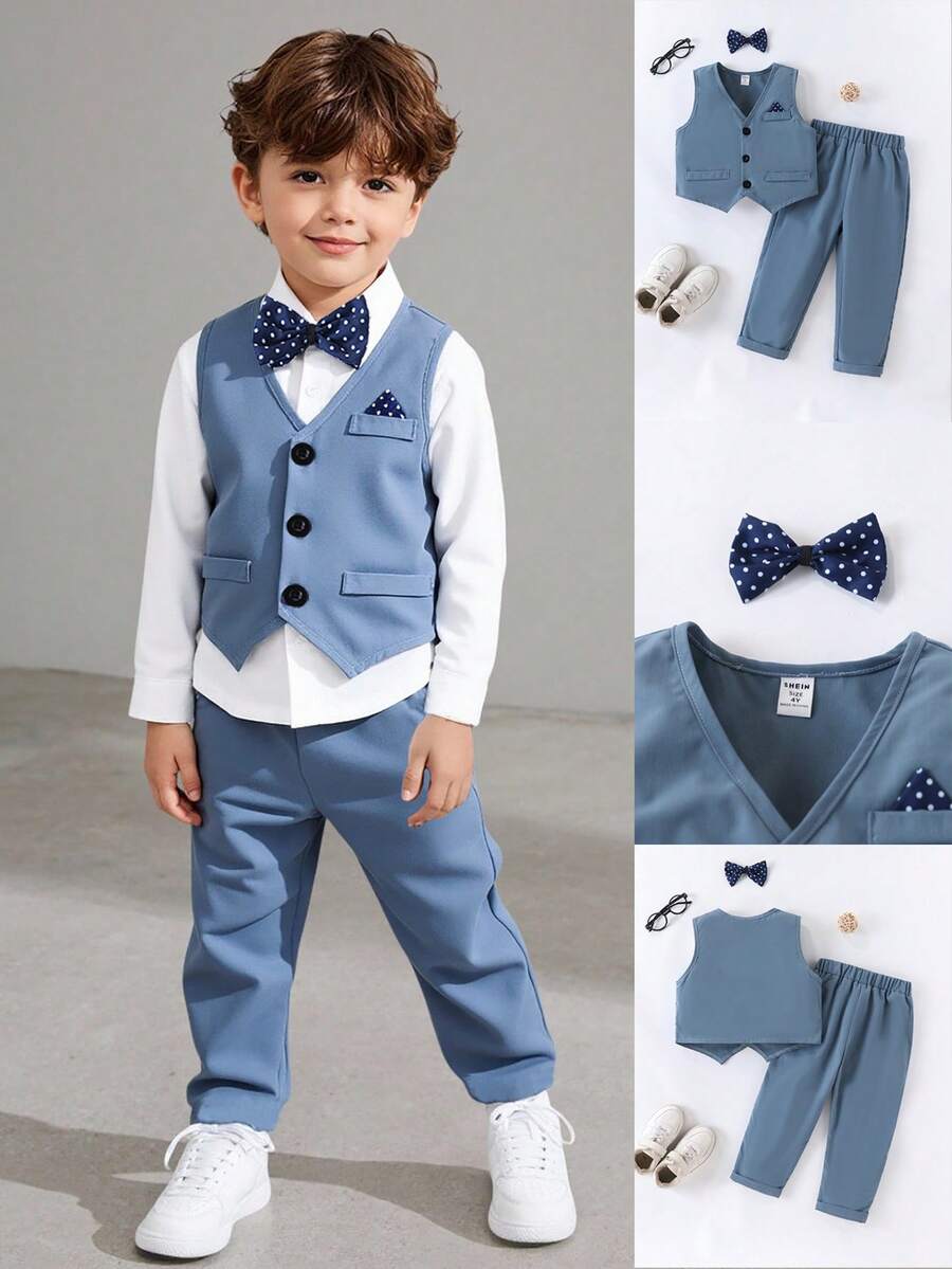SHEIN 3 pezzi/set Outfit formale da ragazzo giovane con papillon, gilet e pantaloni, nuovi arrivi autunno/inverno per matrimonio, invitato al matrimonio, paggetto, ragazzo delle fedi - Blu verde acqua - Visualizzare 1