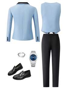 SHEIN 3pcs Gentleman Suit Set For Teenage Boys,Long Sleeve Blazer,Fitted Vest,Trousers,Summer Graduation Formal Occasion,Wedding,Prom,Hosting Event Fashion - Blue - View 3