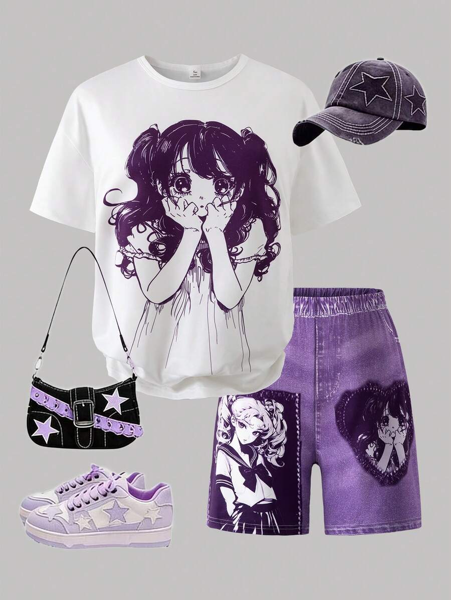 SHEIN ChillGRL 两件套少女Y2K时尚印花柔软舒适白色短袖T恤和紧身印花短裤休闲套装 - 彩色 - 查看 1