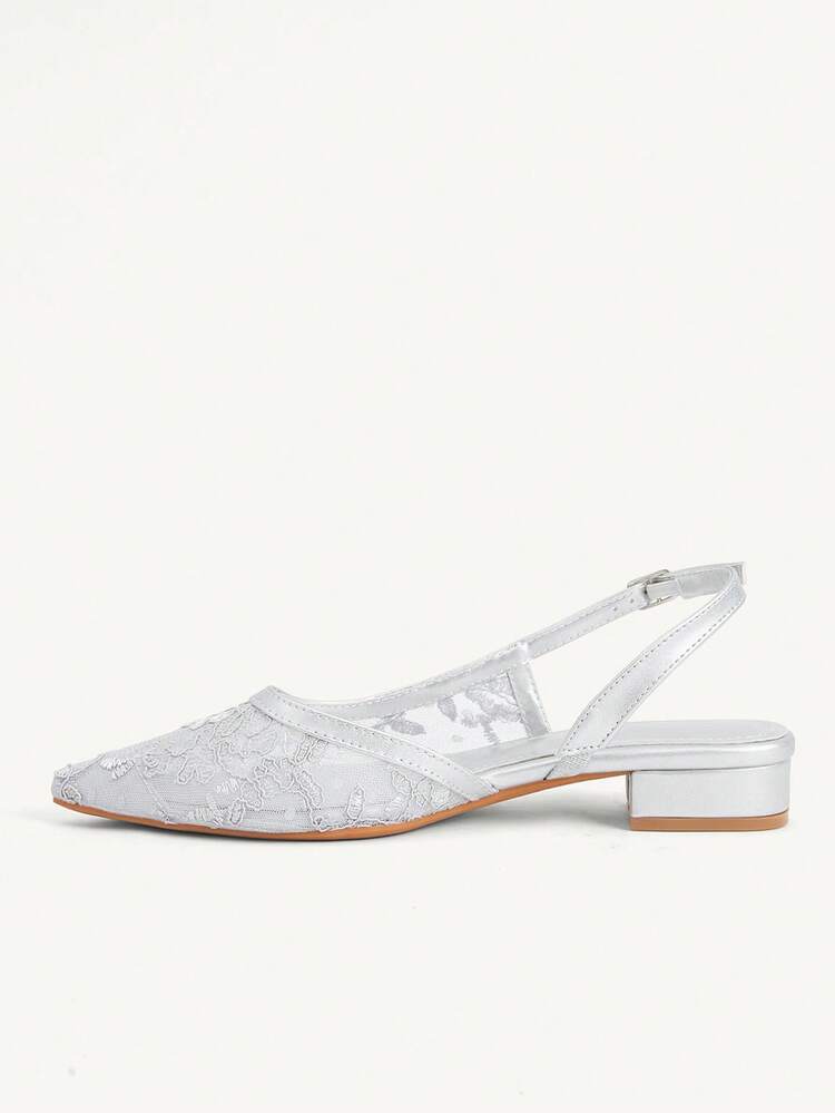 CUCCOO CHICEST Women Shoes Pointed Coarse Heel Silver Lace Mesh Sexy Fashion Elegant Skirt Daily Versatile Banquet Party Ladies Flat Shoes Slingback Shoes