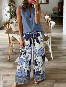 Weeklong Conjunto informal de 2 piezas con estampado floral y decoración de botones para mujer talla grande, primavera/verano - Multicolor - Ver 3