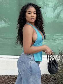 Alexandranx Summer Front Slit, Open Back, Knotted Halter Neck Black And Beach Blue Top - Blue - View 6