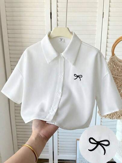 SHEIN 少女蝴蝶结刺绣花卉图案翻领短款休闲衬衫