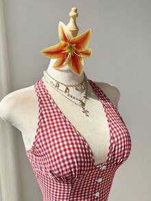 Elamini 红白格子棉质V领纽扣系带短款衬衫，复古简约风格，适合春夏通勤、休闲、约会、教学、上学和日常穿着。 - 紅白色 - 查看 5