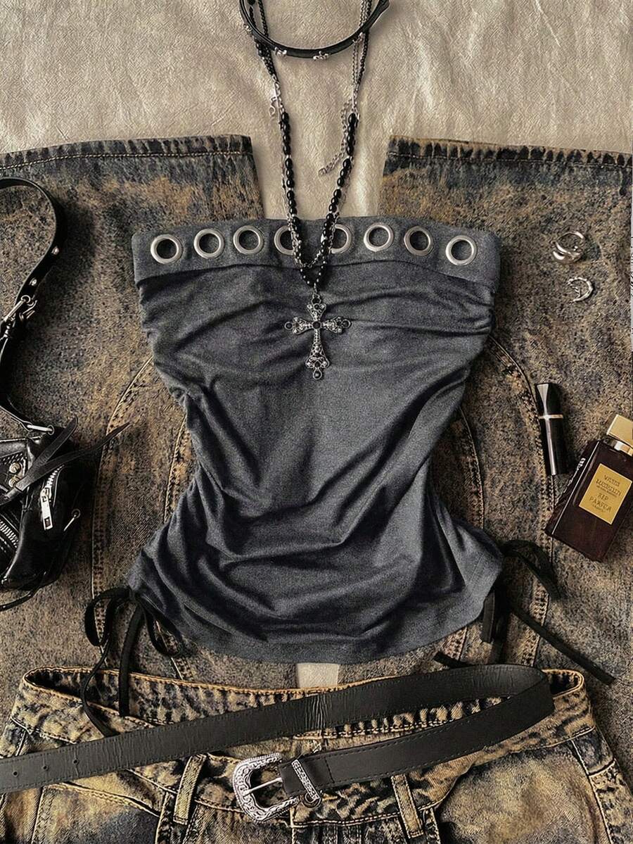 Attitoon Women's Summer Casual Metal Eyelet Decor Side Drawstring Bandeau Top - Dark Grey - View 1