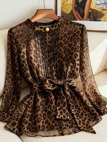 Franclia Women's Pleated Round Neck Button Bow Tie Leopard Print Blouse - Coffee Brown - View 1