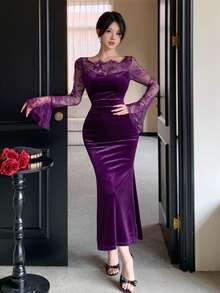 DAZY Autumn Lace Patchwork Square Neck Long Sleeve Cinched Waist Velvet Elegant Elegant Women's Mid-Length Dress - Purple - View 3