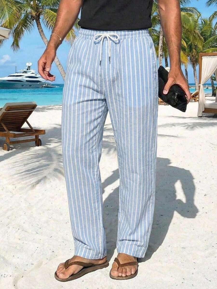 Manfinity VCAY Men's Cream Wide-Leg Pants With Colorful Geometric Woven Stripe Bands. Elastic Drawstring Waist In Lightweight Linen-Blend. Relaxed Resort Style For B