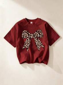 SHEIN Young Girl Casual Print Short Sleeve T-Shirt, Suitable For Summer - Burgundy - View 4