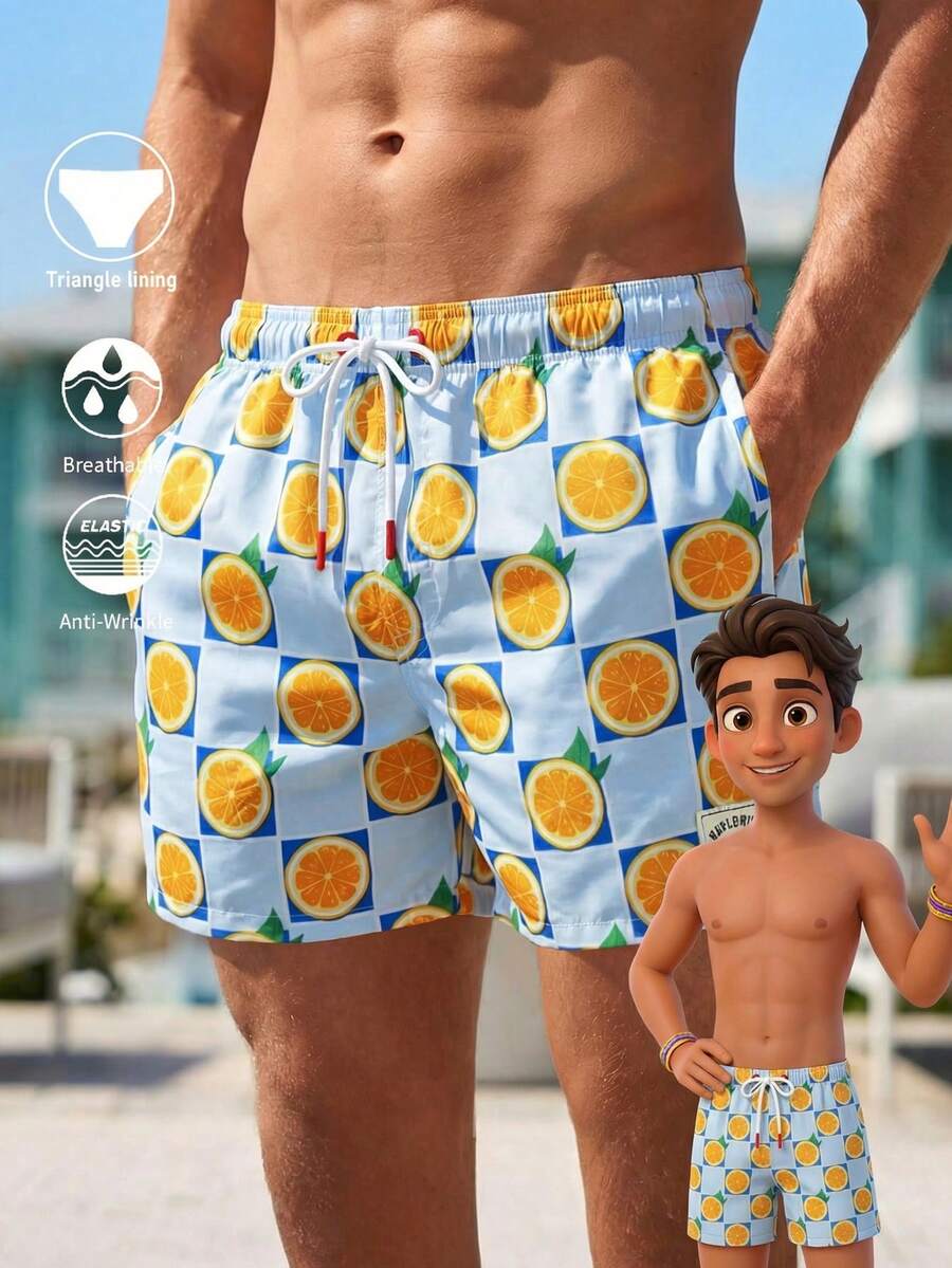 Manfinity Swimmode Quần short đi biển dáng rộng, họa tiết caro màu cam, cạp chun, thích hợp cho nam giới, thích hợp cho kỳ nghỉ hè. - Màu xanh nhạt - Xem 1