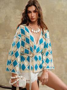 Arave Women's Loose Batwing Knitted Cardigan, Faux Cashmere Texture, Handmade Hollow-Out Patchwork Design - Multicolor - View 1