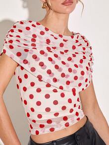 COSMINA Blusa elegante con estampado de lunares, diseño ajustado y acortado, adecuada para uso diario, salir con amigos, tomar el té de la tarde, con diseño de chal 2 en 1, patrón de lunares en color albaricoque y marrón, para primavera/verano - Blanco - Ver 5