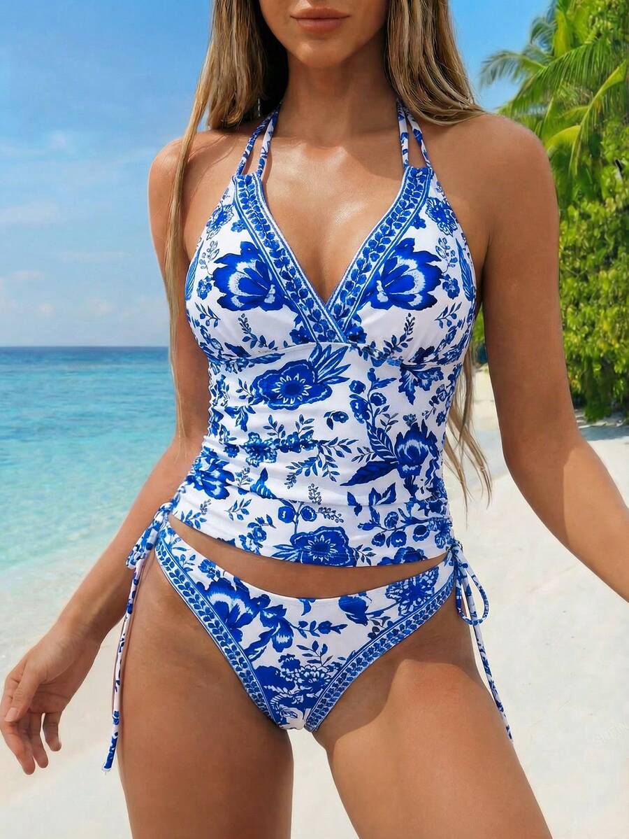 Swim Lushoire Women's Vacation Beach Blue & White Floral Print Tankini Swimsuit Set - Blue - View 1
