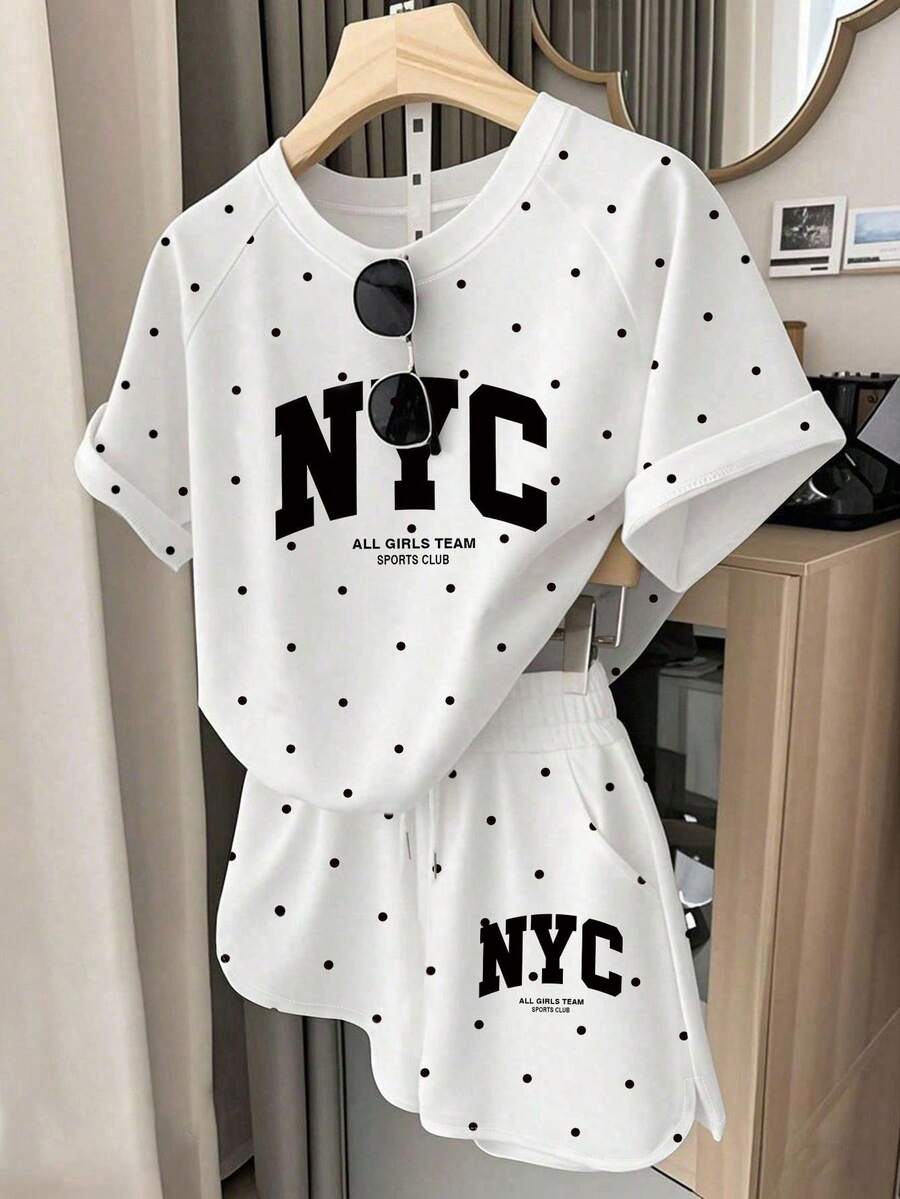 INAWLY Bộ áo thun và quần short nữ, họa tiết chấm bi và chữ in cổ điển, thời trang và dễ phối đồ. - Nhiều màu - Xem 1