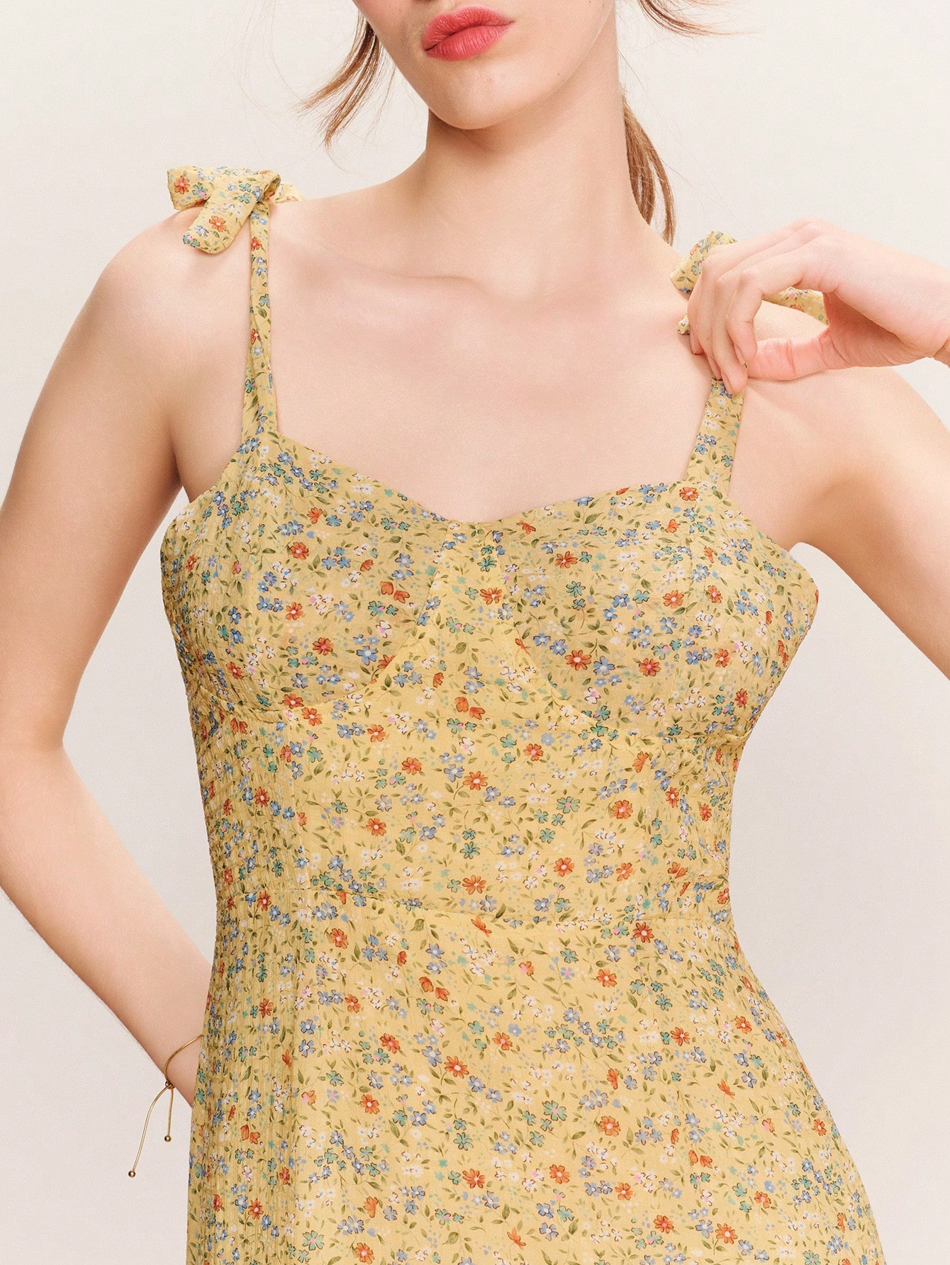 Yellow Sweetheart Neckline Fitted Midi Dress, Cute Back Panel Shirring And Tie Shoulder Straps Yellow Floral Dress Spring Summer Vacation Dress Holiday Dress French Style Parisian Style