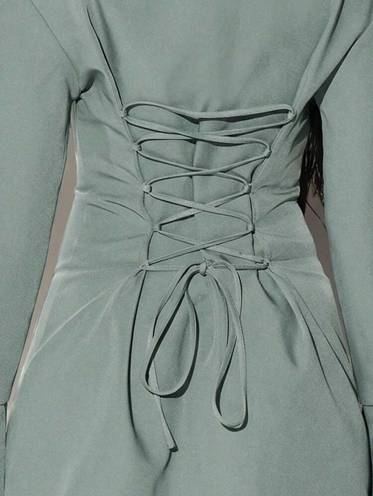 KIZN Shoulder Pad Lace Up Back Shirt Dress With Tie