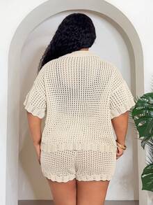 Veslaya Women's Plus Size Beige Summer Boho Vacation Holiday Knitted Two Pieces Outfit,Loose Short Sleeve Shirt Top And Shorts Set,Beach Music Festival Party - Apricot - View 3