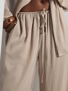 MUSERA Tie Waist Flowy Wide Leg Satin Trouser Coord Trouser Only Cute Holiday Sexy Night Out Vacation Spring Summer Elegant Soleil Drape - Khaki - View 5