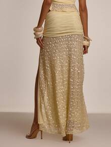 MUSERA Chân váy maxi xẻ tà, xếp ly, thắt eo nhún bèo, đính sequin, chỉ bán riêng phần quần. Thích hợp cho mùa hè, xuân, gợi cảm, đi chơi, đi biển, nghỉ lễ, du lịch. Honey Tides - Kem - Xem 4