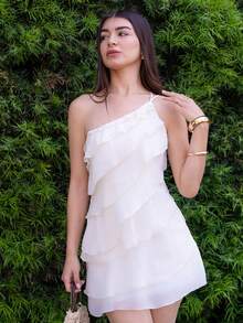 Andrea Bello Summer Beach Vacation Solid Color Apricot Layered Lotus Leaf Cake Mini Dress, Suitable For Daily Dating, Night Out, Nightclubs, Parties, Get-Togethers, Cocktail Parties, Pool Parties, Back-To-School Season Clothes, School Season Dresses, Holiday Dresses, Music Festival Clothes, Country Music Festival Clothes, Concert Clothes,Sun Dress,Backless Dress,Valentine's Day,Valentine Outfits For Women Party - Beige - View 3