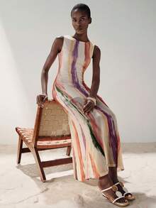 Aveloria Modichic New Arrival Elegant Sexy Bodycon Mesh Striped Print Sleeveless Dress - Multicolor - View 7