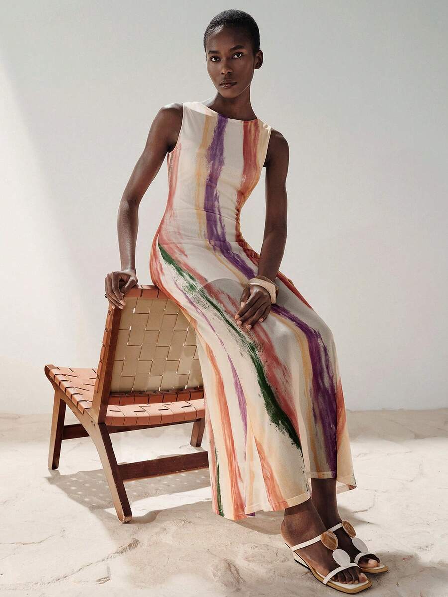 Aveloria Modichic Nuevo vestido elegante y sexy de malla con estampado de rayas sin mangas y ajustado al Body - Multicolor - Ver 1