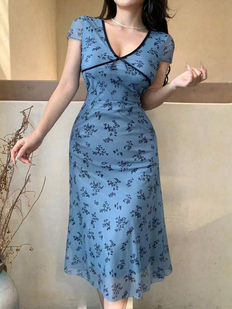 Color-Block Ditsy Floral V-Neck Women's Mid-Length Dress Easter