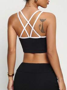 Gameset SHEIN Sport Women's Sports Bra With Front Panel Contrast Stitching,Removable Pads,Summer Athleisure Gym Outfit For Running,Yoga,Tennis,Golf,Black And White Top - Black - View 1