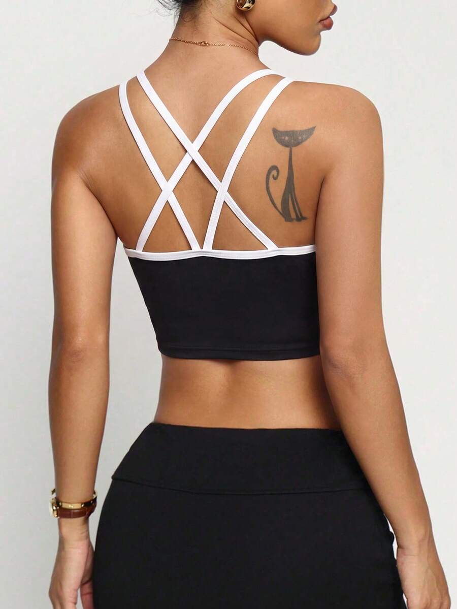 Gameset SHEIN Sport Women's Sports Bra With Front Panel Contrast Stitching,Removable Pads,Summer Athleisure Gym Outfit For Running,Yoga,Tennis,Golf,Black And White Top - Black - View 1