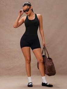 Lumalex Solid Racer Back Sports Tank Top Fitted Shirt - Black - View 4