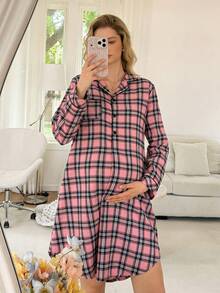 Pregnant Women Plaid Long Sleeve Button Design Nightgown - Multicolor - View 6