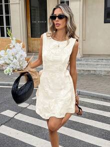 Serisse 女士优雅3D立体花卉系带无袖中长连衣裙，夏季 - 杏色 - 查看 5