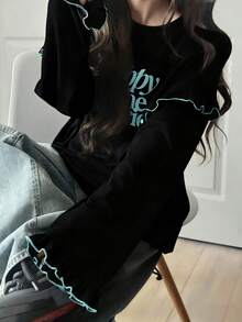 FRIFUL Áo thun dài tay in họa tiết dành cho nữ, có viền bèo nhún. - màu đen - Xem 5