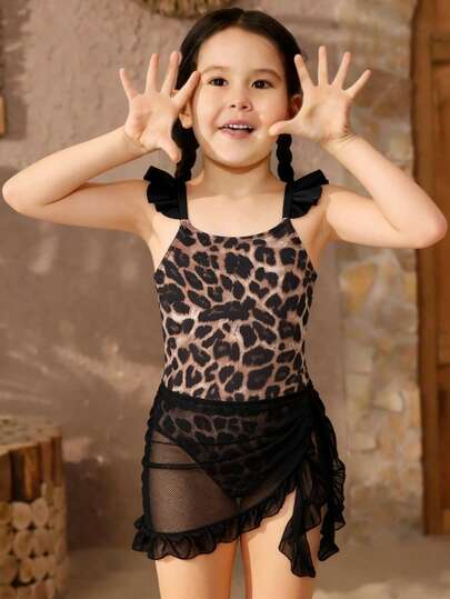 SHEIN 女童三件套：可爱荷叶袖豹纹吊带背心和短裤，面料柔软舒适，2026春夏新款，度假旅行必备，夏季穿搭