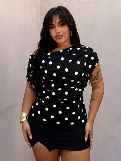 Rustia Plus Size Polka Dot Scoop Neck Sleeveless T-Shirt, Spring/Summer