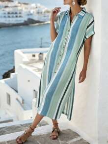 Breezaya Women's Light Blue Striped Summer Casual Shirt Dress,Loose Button-Down Maxi Dress,Elegant Holiday Vacation Beach Wear,Stylish Short Sleeve Outfits - Multicolor - View 6