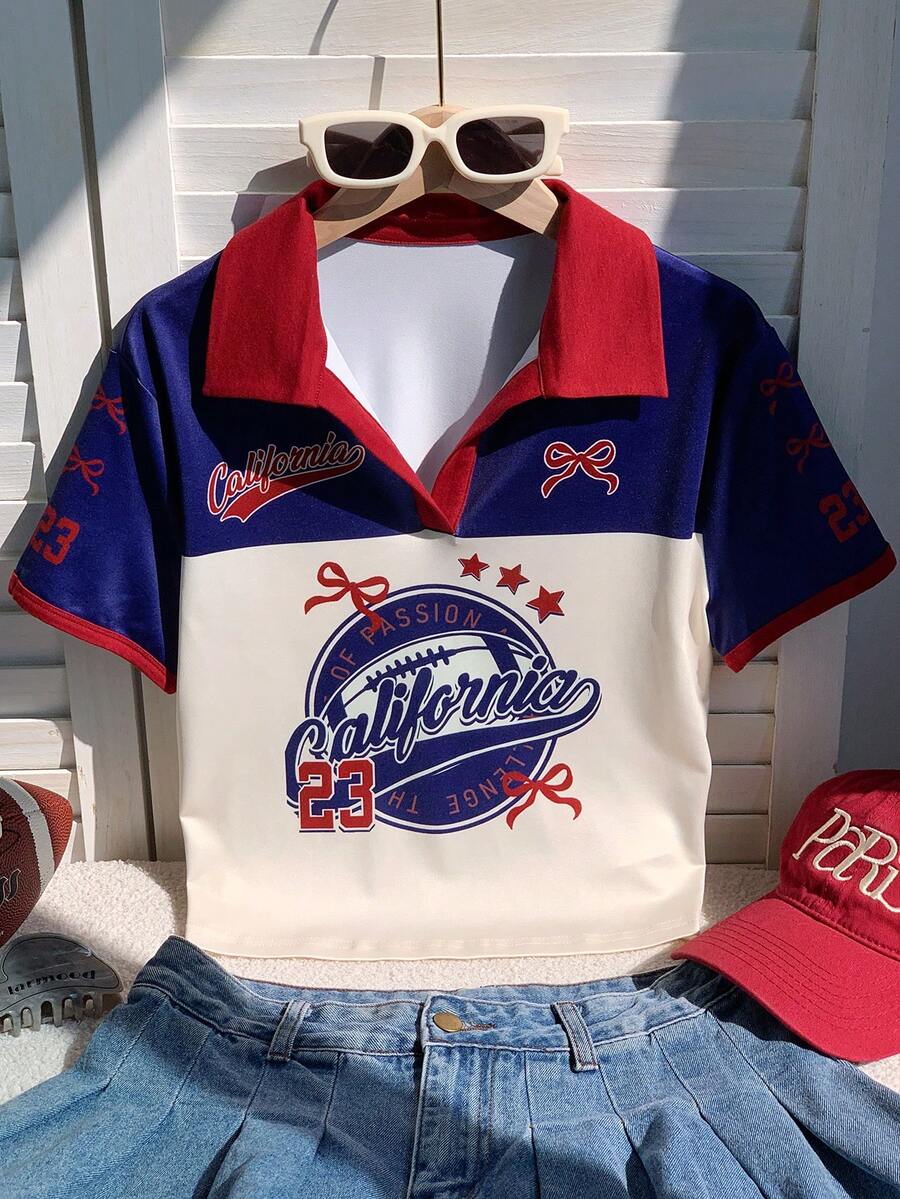 Comfortcana Áo thun nữ dáng ôm cổ polo in họa tiết phối màu retro - màu đen - Xem 1