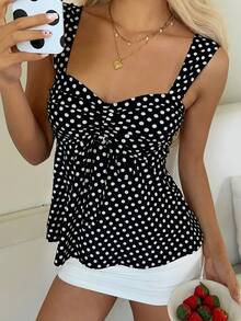 CovetEZ 2026 Spring/Summer New Women's Apparel: Black Polka Dot Cute Casual Versatile Ruffle Drawstring Blouse/Tank Top,Summer Top - Black - View 4
