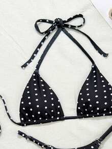 Swim Mod 2pcs Polka Dot Print Sexy Bikini Set, Micro Triangle Briefs, Summer - Black and White - View 4