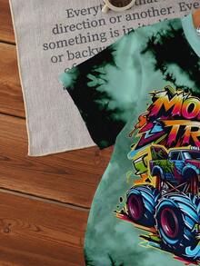 一套幼儿男童休闲酷炫卡通怪兽卡车扎染渐变印花短袖T恤和短裤套装，适合日常外出、街头、运动、休闲穿着、夏季服装 - 彩色 - 查看 8