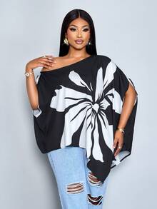 SOLERSUN Plus Size Women Summer Black And White Elegant Blouse, Autumn Loose-Fitting One-Shoulder Casual Top Asymmetrical Hem And Drawstring Tie-Waist - Black and White - View 6