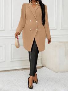 SHEIN Lady Áo blazer dáng rộng tay phồng màu kaki thanh lịch mùa thu đông 2025, kiểu dáng gothic công sở thường ngày. - Màu Khaki - Xem 5