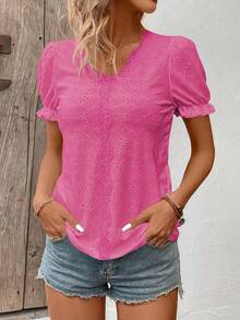 EMERY ROSE Camiseta de vacaciones informal de unicolor con textura y ribete de encaje - Rosa Fucsia - Ver 3